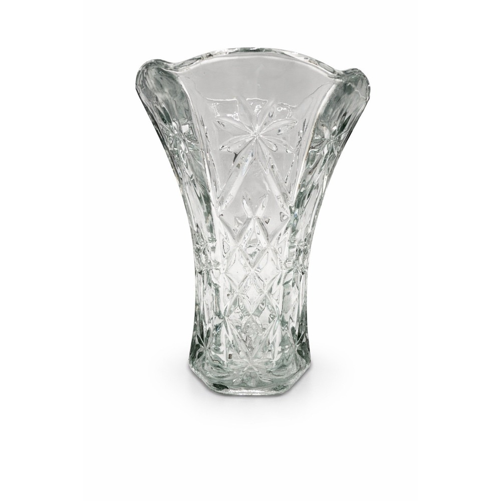 Large Cut Glass Vase Starburst‎ Pattern Heavy Crystal Style Clear Vintage